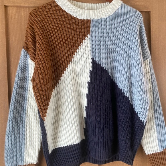 Wishlist Colorblock Crew Neck Sweater - Brown, Blue, Cream - Picture 2 of 11